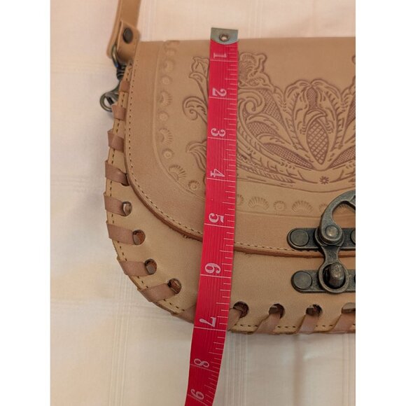 Small Leather Crossbody Bag W/ Floral Embossed Tooled Design Brass Latch Closure - Picture 7 of 13